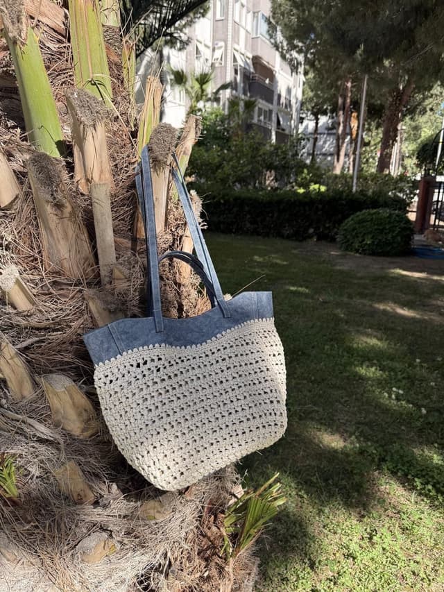 Denim-Trim Ivory Tote
